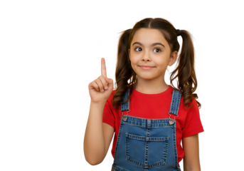 A cheerful young girl with pigtails points her finger upwards, isolated on transparent background, wearing a red shirt and denim overalls