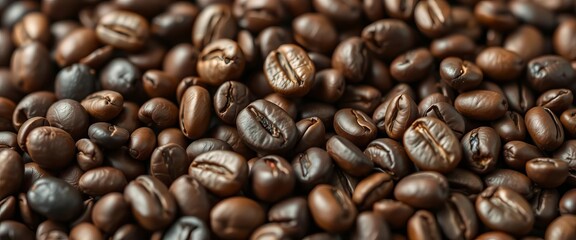 Obraz premium Close-up of aromatic, freshly roasted coffee beans, roasted, illustration