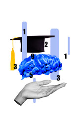 Vertical pop poster banner collage of human hand hold bachelor hat master degree graduation cyber...