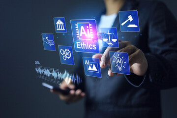 ai ethical concept businessman or lawyer protecting balance of justice to follow legal complied...