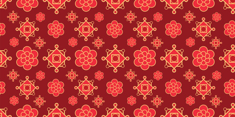 Elegant Chinese New Year Traditional Seamless Pattern with Flowers. Vector Luxury Happy Chinese New Year pattern, red and golden colors. Lunar Chinese pattern for banner, sale ads, poster, pachaging