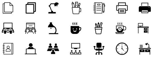 Minimal Black Vector Icons for Office Workspace, Productivity, and Business UI Elements