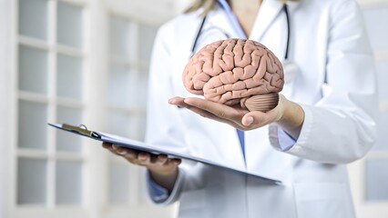 Doctor holding anatomical brain model, medical clipboard, healthcare concept, serious mood, professional setting.