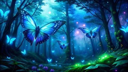 Blue And Green Butterflies Sparkle In Dark Forest At Night
