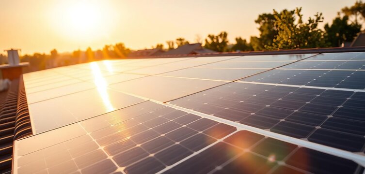 Golden sunlight illuminates rooftop solar panels, close-up view,  morning,  day