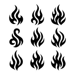 Tribal Fire Flame Tattoo Set - Edgy Abstract Black Silhouettes of Burning Flames, Symbolic Fire Elements for Design, Isolated Illustration with Transparent Background