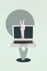 Sketch image 3d banner artwork collage of human hand peek laptop 5g network communication...