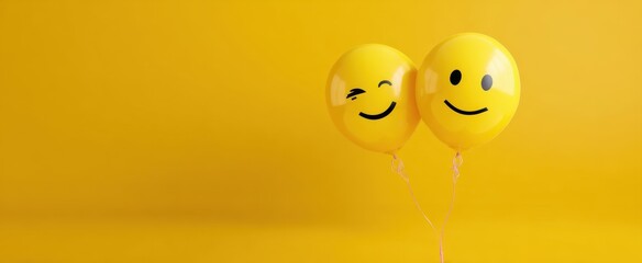 The cheerful yellow balloons smiling and winking on vibrant background