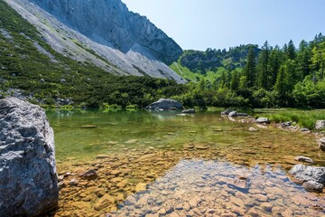 Serene alpine lake with rocky shoreline