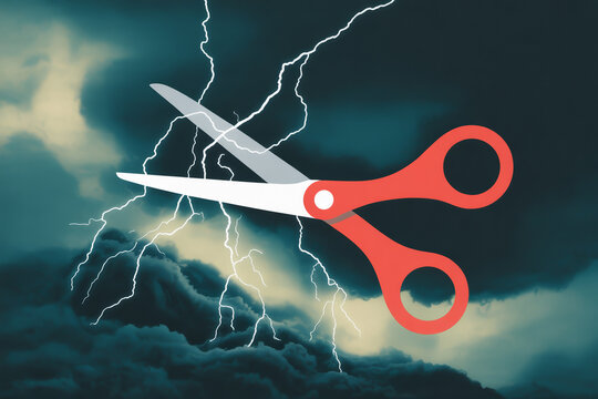 Red scissors are cutting through a stormy sky with lightning