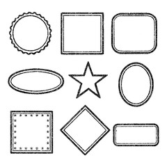 Blank Rubber Stamp Frame Collection – Vintage Empty Stamp Borders in Circular, Oval, Starburst, Laurel, and Geometric Shapes with Grunge Texture – Emblem Badge Templates – Transparent Background