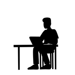 Silhouette of a man sitting at a desk using a laptop. Minimalist vector design for work, education, remote job, freelance, or business themes