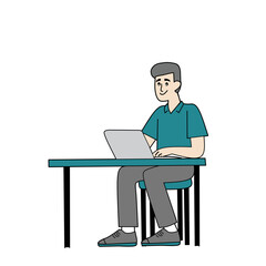 illustration of a young man working on a laptop at a desk. Simple flat style suitable for concepts like remote work, studying, freelance, or education