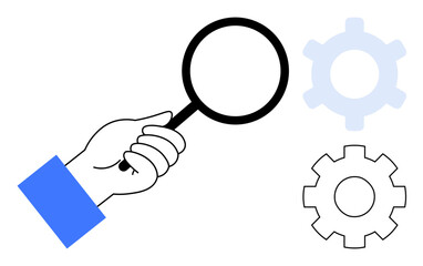 Hand holding magnifying glass inspecting two gears, symbolizing problem-solving, research, and optimization. Ideal for innovation, industry, technology, productivity, analysis troubleshooting flat