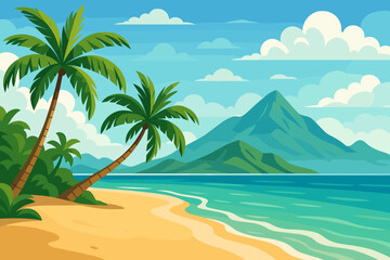 Tropical beach landscape vector illustration. Paradise island with a sandy shore, turquoise ocean waves, palm trees and mountains. Summer vacation travel background in flat style.