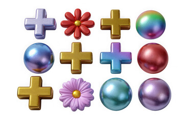 Obraz premium Collection of glossy 3d rendered plus signs and spheres isolated on transparent background