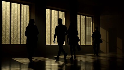 Silhouetted figures stroll, bathed in soft window light, light, indoor