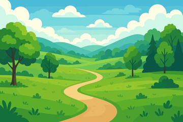 Cartoon summer landscape with winding path through green rolling hills and meadows. Vector illustration background of a rural scene with trees, forest, mountains and blue sky.