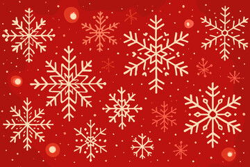 Fototapeta premium Festive red Christmas background with ornamental snowflakes and glowing bokeh lights. Happy New Year winter holiday pattern for greeting card, banner, cover or invitation.