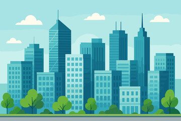 Modern flat vector cityscape illustration. Urban landscape with skyscrapers, office buildings, and trees. Downtown business district skyline. City architecture background.