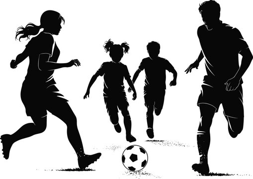 Family playing soccer together, kids and parents football fun, silhouette sports activity, outdoor game, healthy lifestyle, teamwork, bonding, summer action - Powered by Adobe