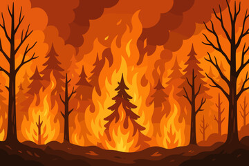 Forest fire landscape. Burning trees engulfed in flames. Natural disaster, wildfire emergency concept. Climate change, environmental destruction. Vector cartoon background.