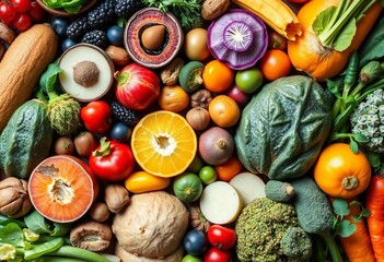 Vibrant array of superfoods viewed from above, showcasing their natural colors and textures,   diet,   wellness
