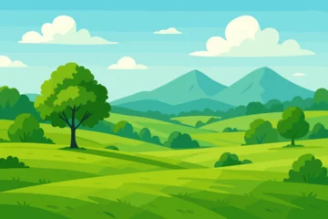 Fototapete Summer landscape with green meadows, fields and hills. Beautiful nature background with mountains, trees and blue sky. Vector illustration for cartoon or game design. Rural scene. © Jule