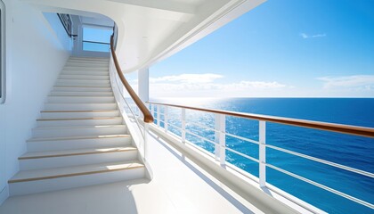 Modern staircase leading to a bright ocean view, showcasing serene maritime architecture