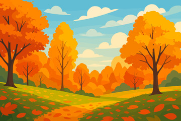 Cartoon vector autumn landscape background. Beautiful fall forest or park with colorful trees, golden foliage, green hills, and a clear blue sky. Seasonal nature scenery.