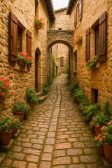 Fototapeta premium Charming cobblestone alleyway with flowers in quiet village