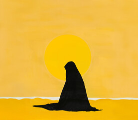 Arab Woman in Black Abaya Sitting in Desert Under Bold Yellow Sun – Minimalist Illustration