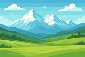 Serene mountain landscape vector illustration with snow-capped peaks, lush green hills, open grassy fields, clear blue sky, tranquil nature scenery, peaceful outdoor view