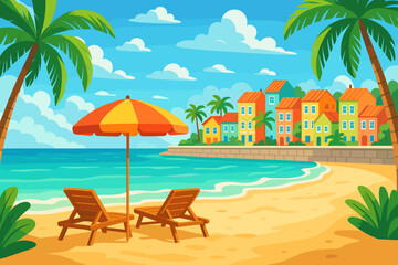 Vibrant coastal town with colorful houses, palm trees, sandy beach, sun loungers, umbrella, blue ocean, summer sky, tropical resort vacation seascape illustration