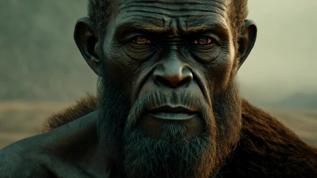 Ancient hominid stares into the distance in a prehistoric landscape