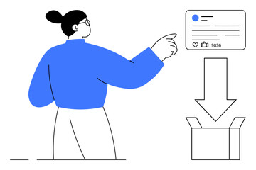 Woman pointing to social media post with engagement icons, arrow leading to box representing storage. Ideal for data management, social media, content organization, digital tools, workflow