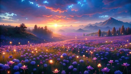 Blue And Purple Flowers Field At Sunset With Magical Light
