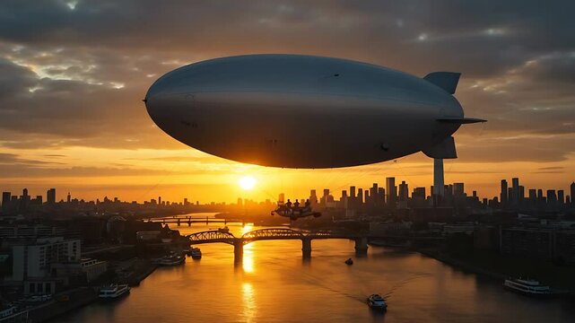 Aerial view of a blimp flying over a city during a stunning sunset