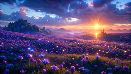 Blue And Purple Flowers Field At Sunset With Magical Light

