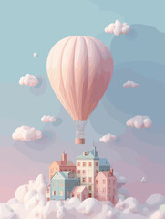 Whimsical pastel hot air balloon flying over dreamy cloud cityscape fantasy illustration with soft sky and floating houses