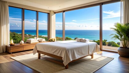 Fototapeta premium Serene coastal bedroom with ocean view, natural light, and minimalist decor for relaxation