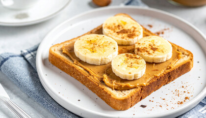 Toasted bread with almond butter spread, banana slices, sprinkle of cinnamon. Tasty breakfast.