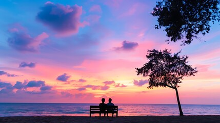 A romantic and serene scene at the beach with a couple sitting on a bench, watching a beautiful sunset over the ocean, framed by trees
