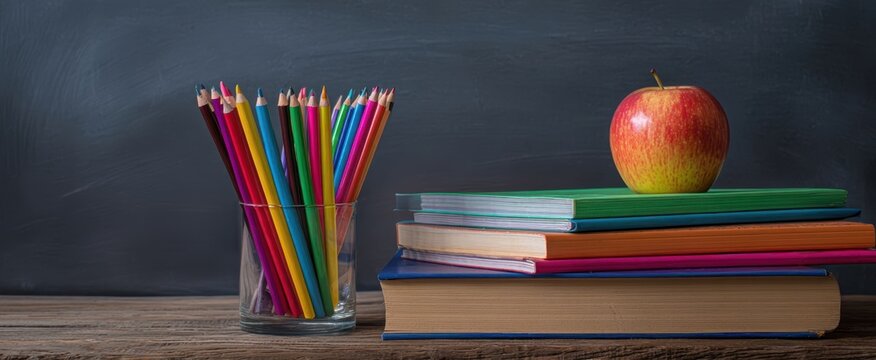 The colorful pencils and apple on a stack of books in a classroom setting.