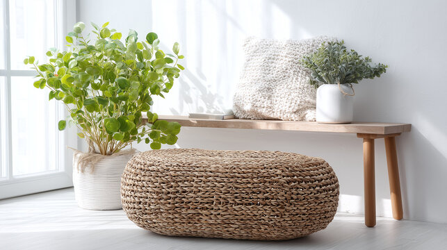 Natural woven ottoman with wooden bench and green plants in bright minimalist interior, cozy and fresh atmosphere with soft knitted pillow and sunlight
