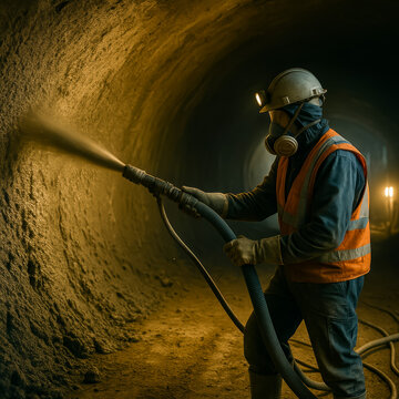 Fototapeta Worker spraying concrete inside a dimly lit tunnel
