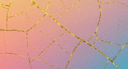 Kintsugi inspired background with golden cracks on pastel gradient surface texture