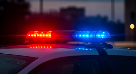 Flashing red and blue police lights on patrol vehicle

