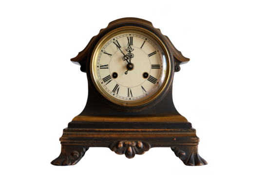 Antique mantel clock with roman numerals on its face and ornate detailing on its base isolated on transparent background - Powered by Adobe