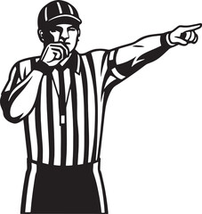 Referee in a striped shirt blowing a whistle while pointing with confidence. Great for any sports or competitive-themed designs.